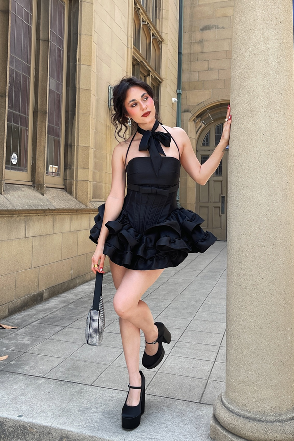 Amiela Corset Lace Up Ruffle Mini Dress