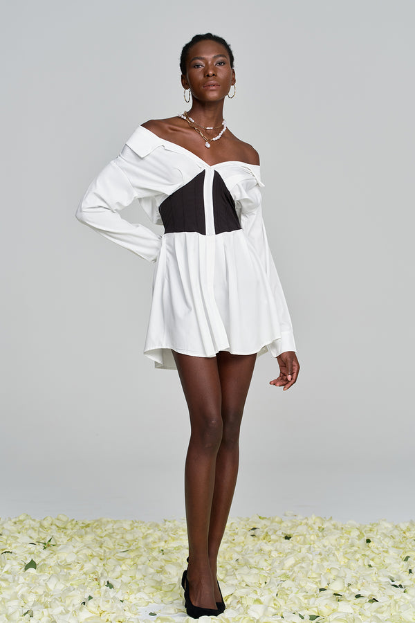 Amin Off Shoulder Ruch Mini Shirt Dress