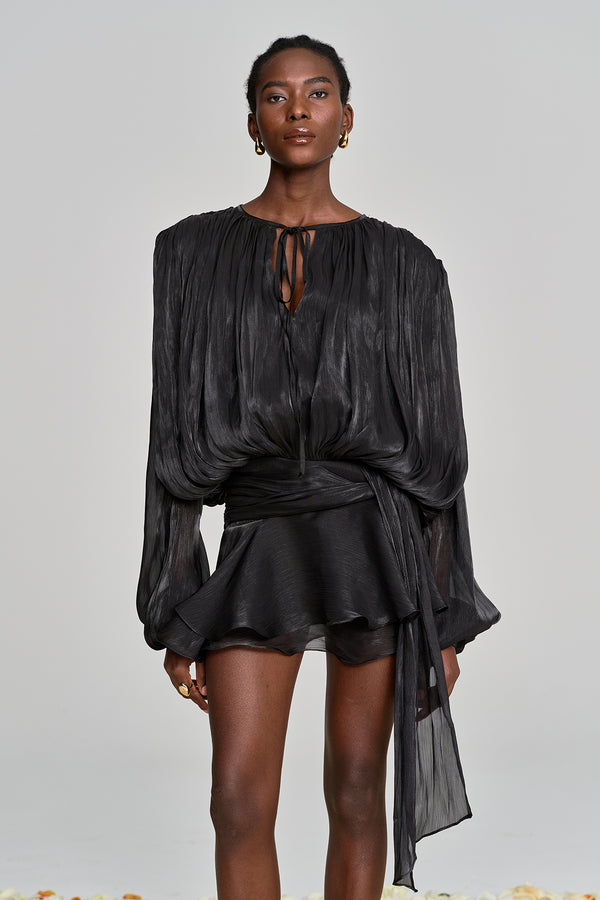 Aminah Balloon Sleeve Ruch Ruffle Mini Dress In Black