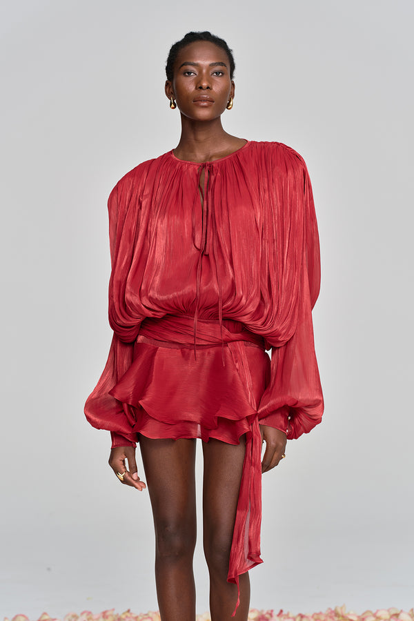 Aminah Balloon Sleeve Ruch Ruffle Mini Dress In Red