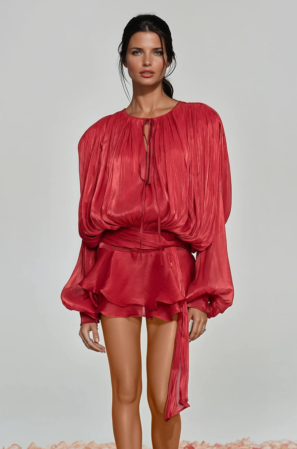 Aminah Balloon Sleeve Ruch Ruffle Mini Dress In Red