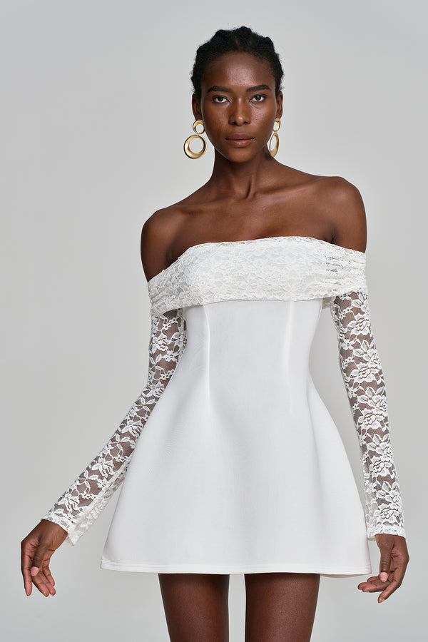 Amira Off Shoulder Lace Ruch Mini Dress