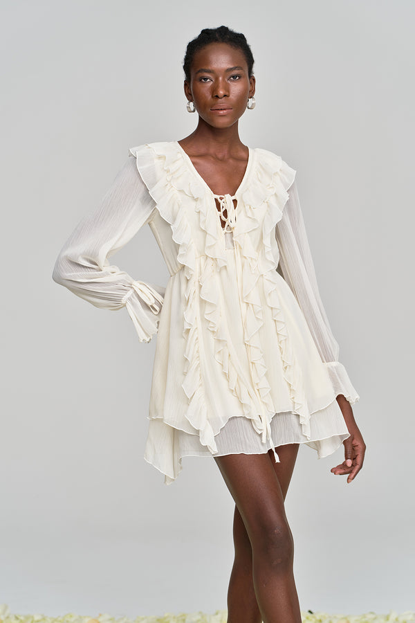 Amitabh Ruffle Lace Up Mesh Mini Dress