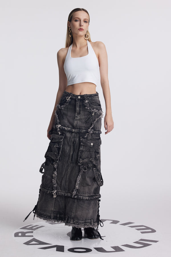 Amrit Buckle Deconstruct Pocket Denim Skirt