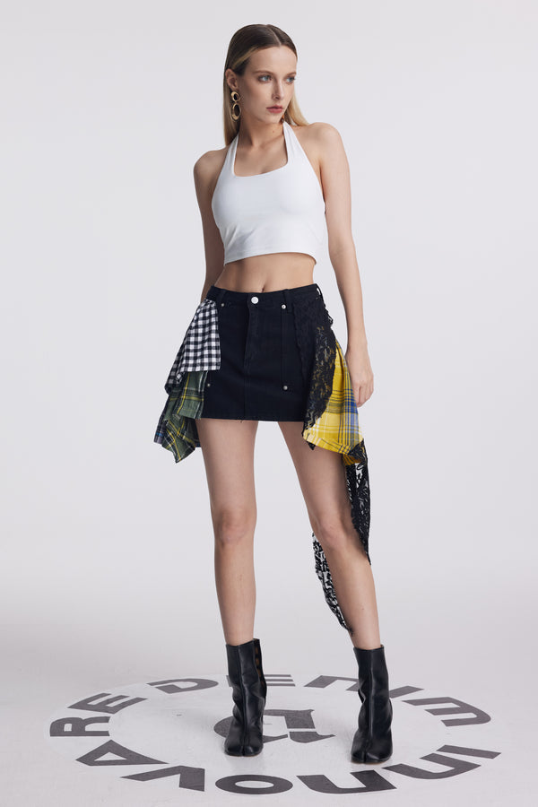 Amun Lace Grid Deconstruct Denim Skirt In Black