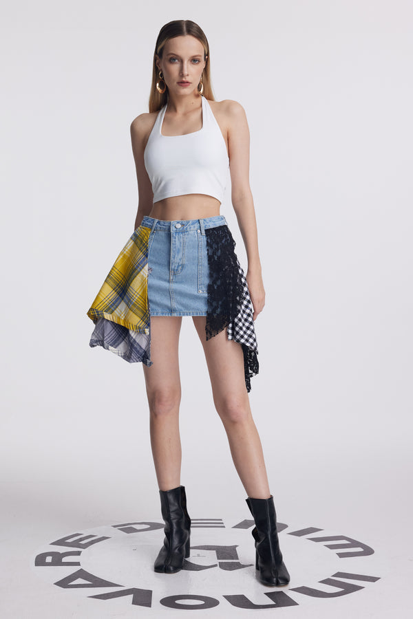 Amun Lace Grid Deconstruct Denim Skirt In Blue