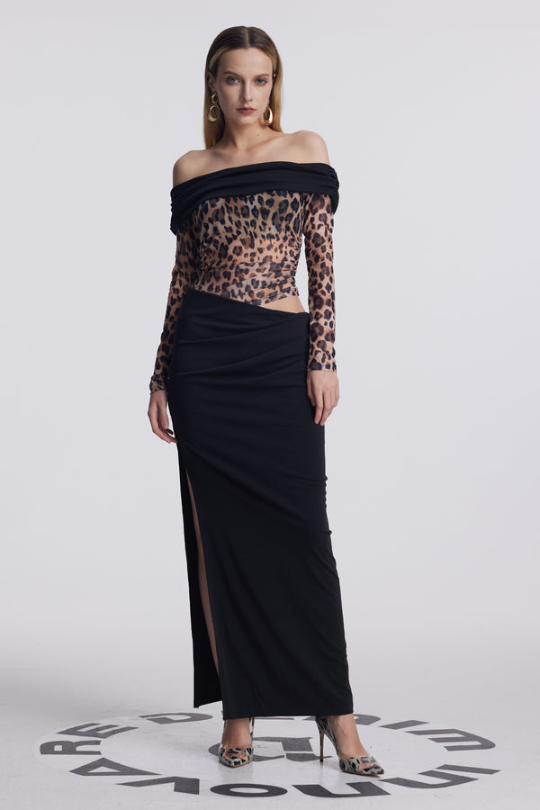 Amunet Off Shoulder Leopard Split Maxi Dress