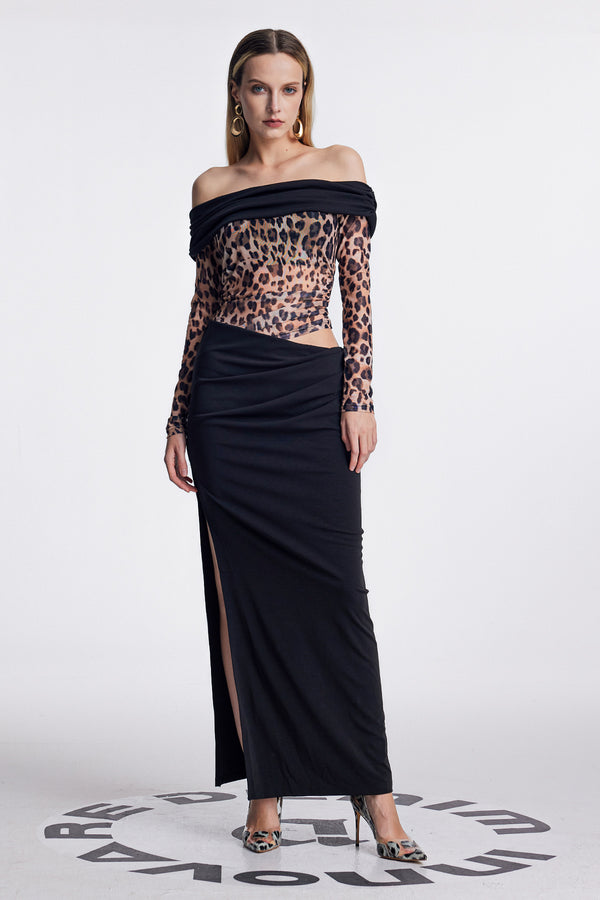 Amunet Off Shoulder Leopard Split Maxi Dress