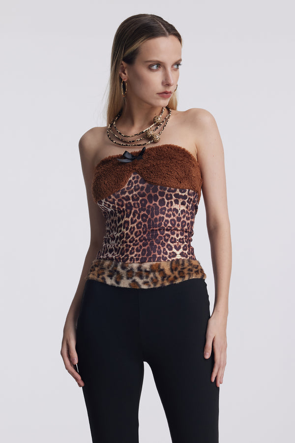 Anaé Faux Fur Leopard Bow Strapless Top