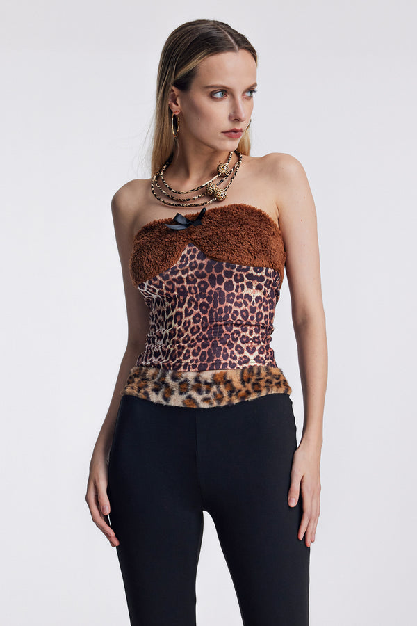 Ana¨¦ Faux Fur Leopard Bow Strapless Top