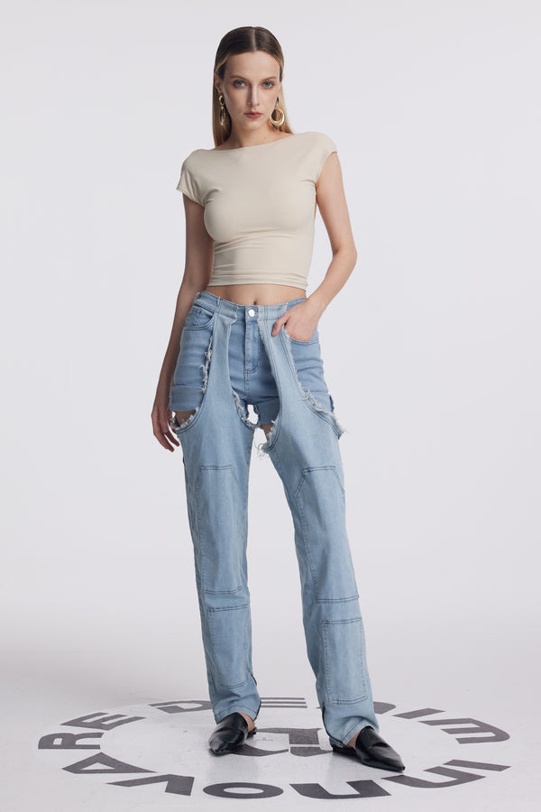 Anahi Deconstruct Asymmetric Fringe Jeans In Slight Blue