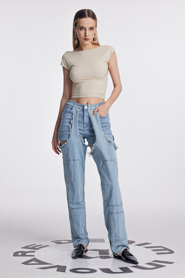 Anahi Deconstruct Asymmetric Fringe Jeans In Slight Blue