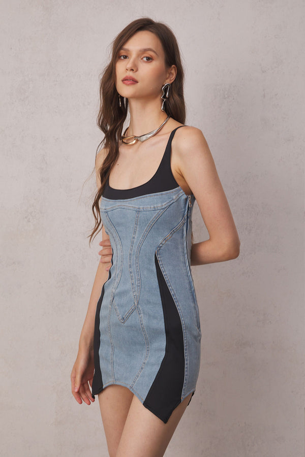 Anais Multicolor Spaghetti Mini Denim Dress