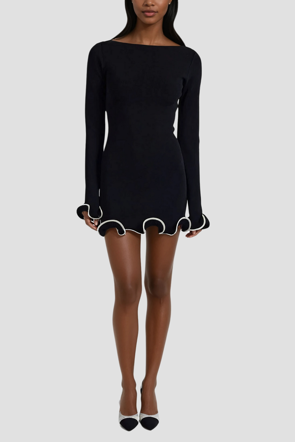 Anand Asymmetric Wavy Long Sleeve Mini Dress In Black