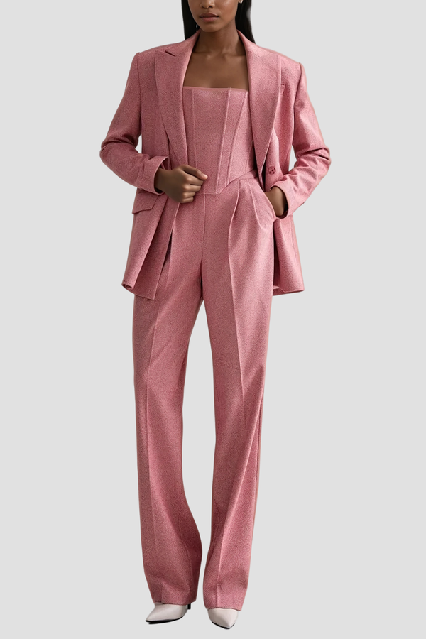 Anang Lapel Strapless Three Piece Pants Set In Pink