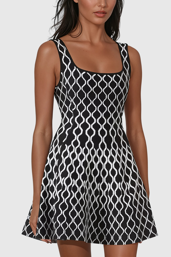 Anas Grid Sleeveless Ruffle Knit Mini Dress