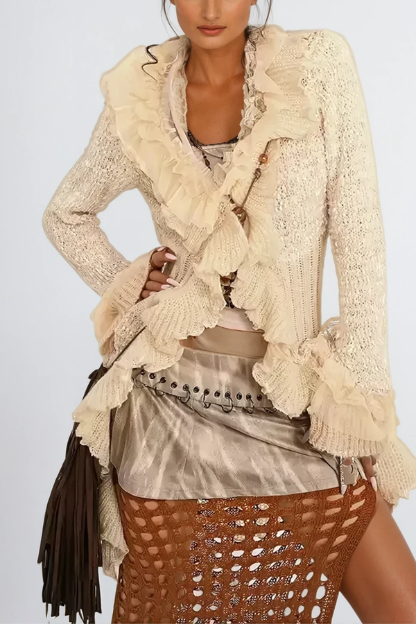 Ande Ruffle Asymmetric Knit Jacket In Khaki