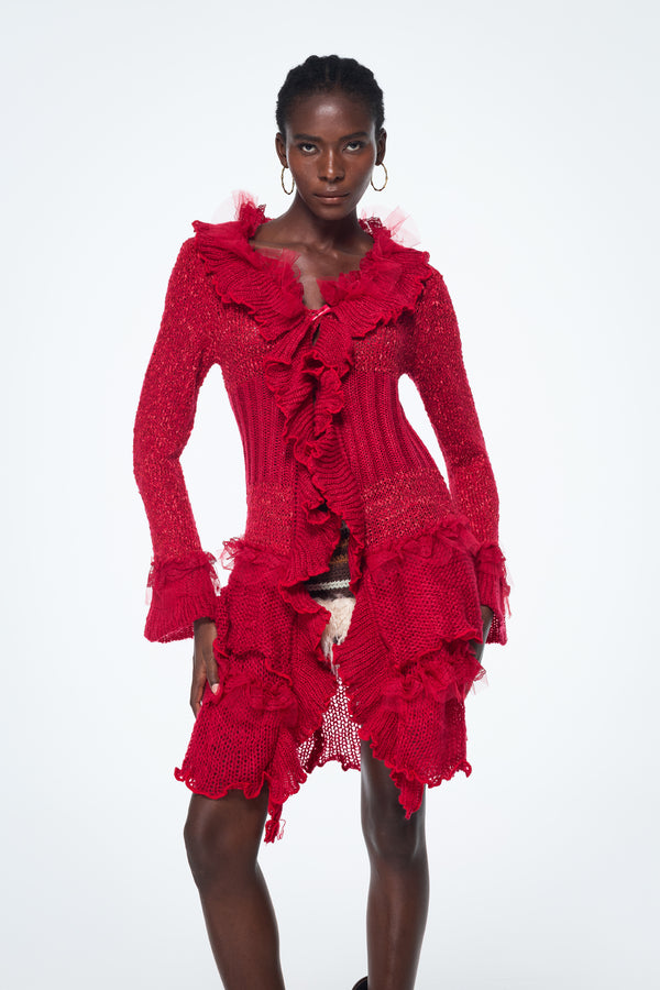 Ande Ruffle Asymmetric Knit Jacket In Red