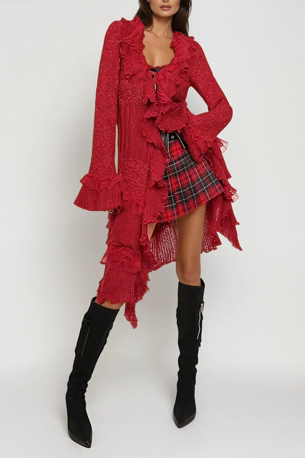 Ande Ruffle Asymmetric Knit Jacket In Red