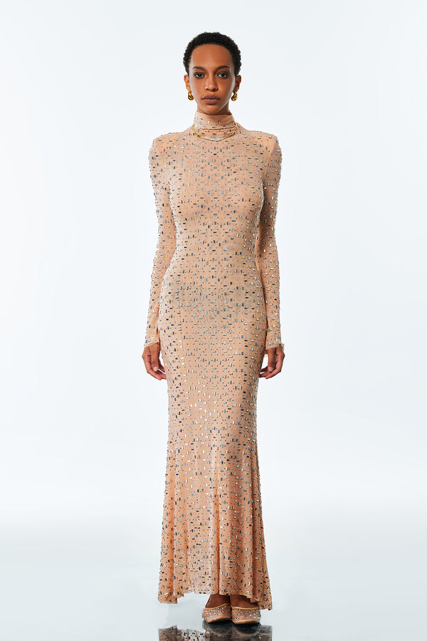 Andie Rhinestone Bodycon Long Sleeves Maxi Dress In Apricot