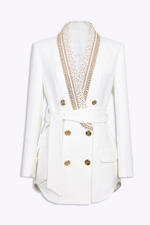 Andrea Embellished Belted Blazer In White