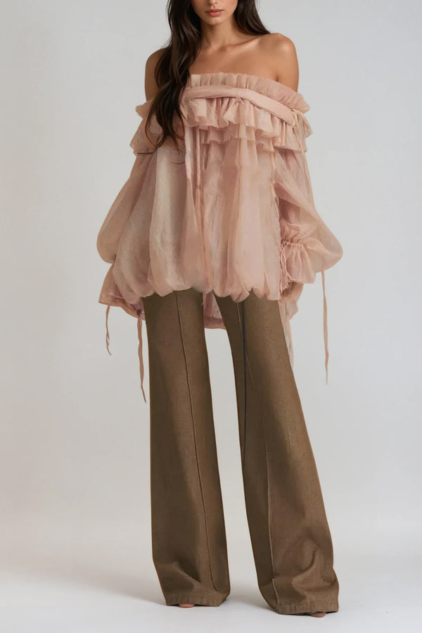 Aneirin Off Shoulder Mesh Ruffle Top