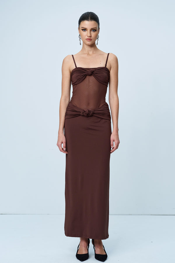 Anielo Ruch Mesh Spaghetti Maxi Dress