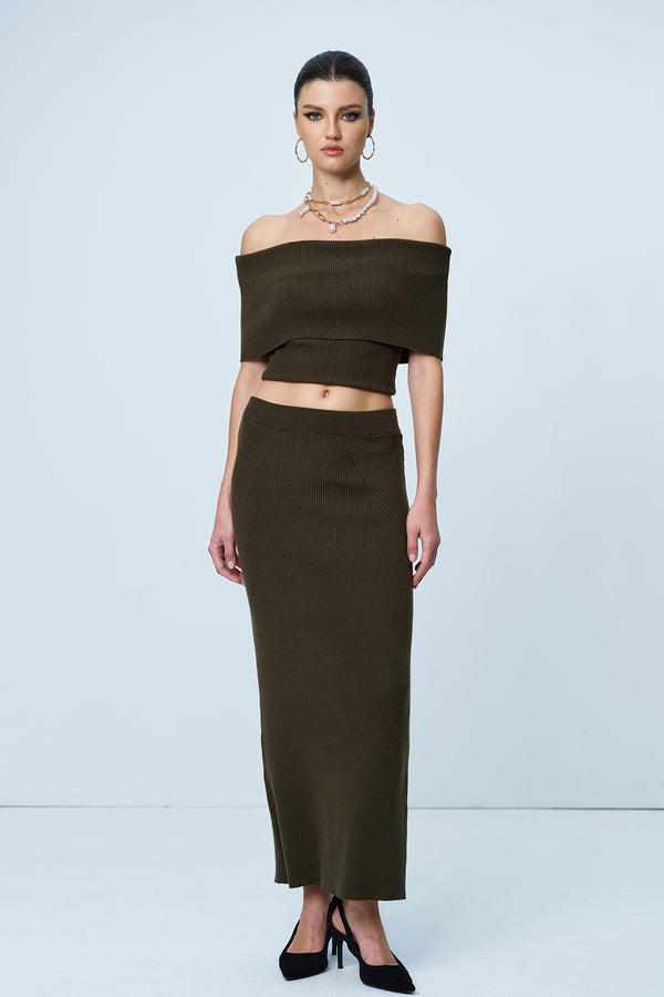 Aniston Strapless Ruch Split Knit Skirt Set In Green