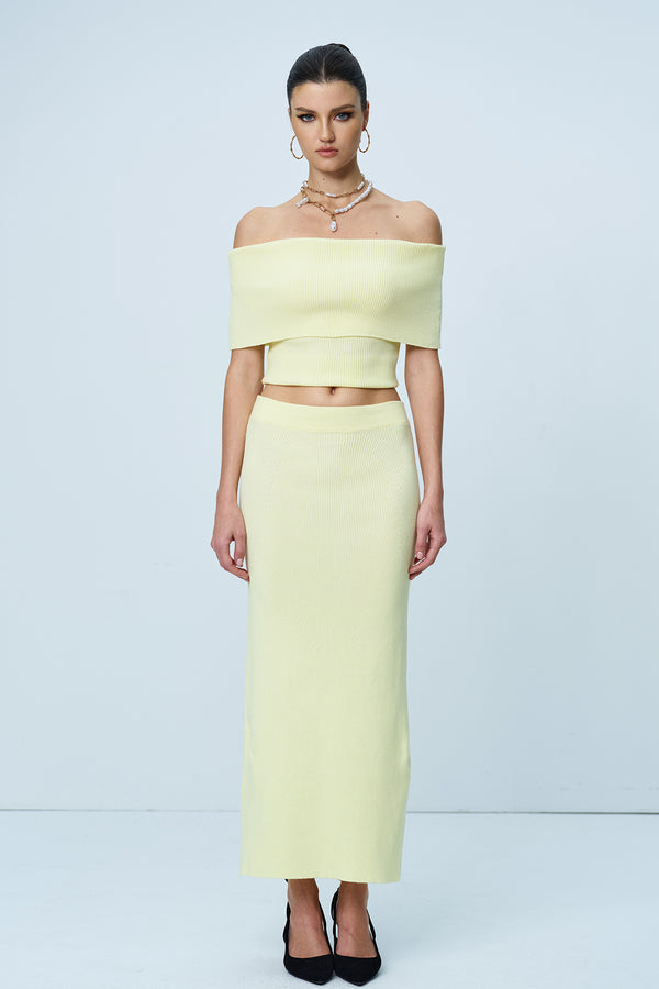 Aniston Strapless Ruch Split Knit Skirt Set In Yellow