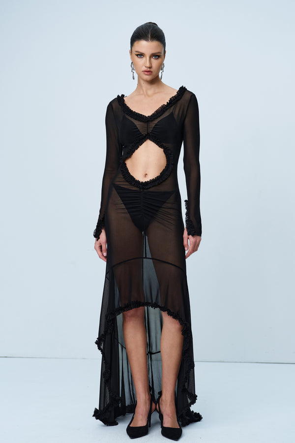 Aniya Off Shoulder Cutout Mesh Maxi Dress In Black