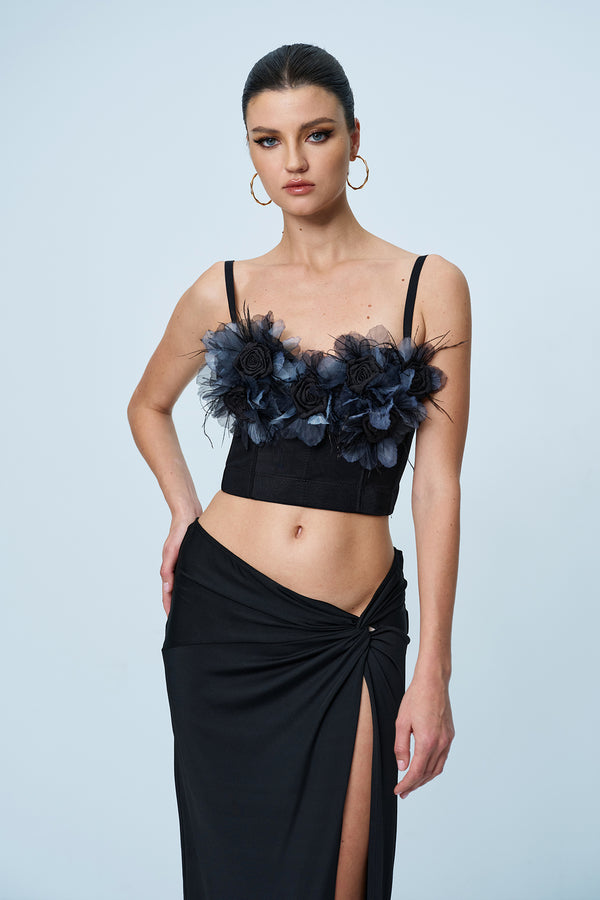 Anjali Flower Corset Spaghetti Top In Black