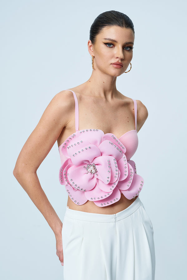 Anjanette Flower Spaghetti Rhinestone Top In Pink