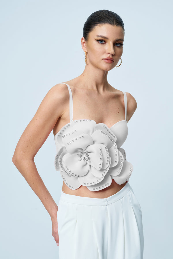 Anjanette Flower Spaghetti Rhinestone Top In White