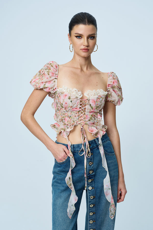 Anjea Balloon Sleeve Floral Lace Up Top