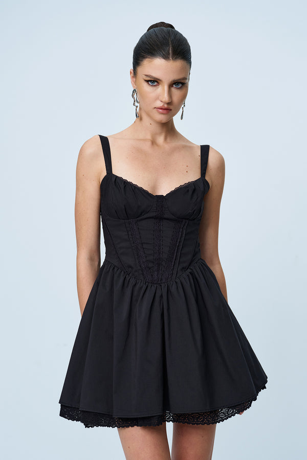 Anjolie Bow Ruch Ruffle Mini Dress In Black