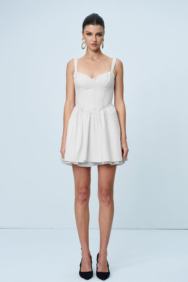 Anjolie Bow Ruch Ruffle Mini Dress In White