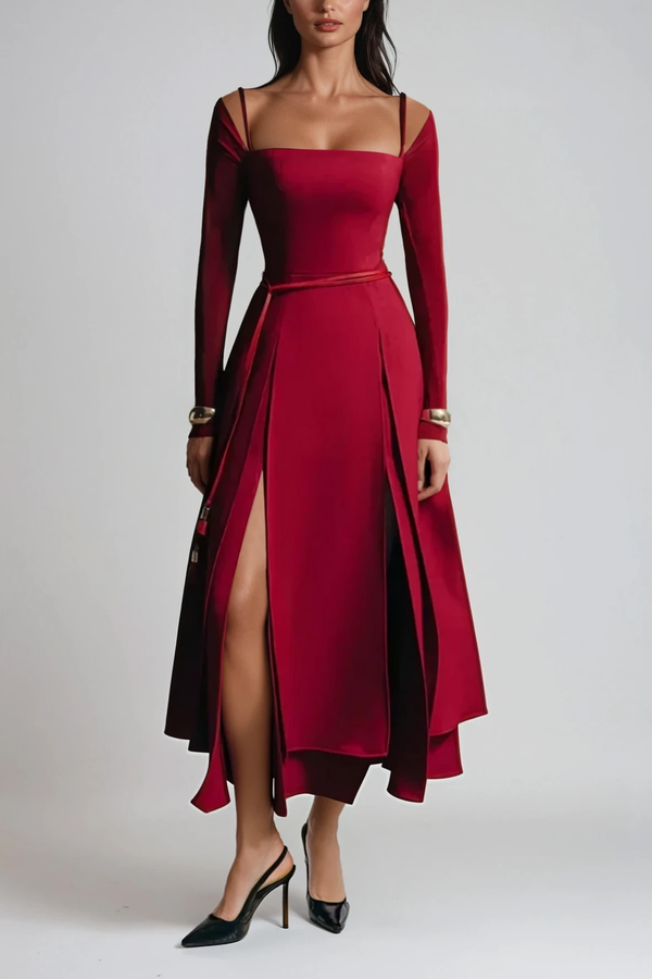 Annelien Lace Up Split Maxi Dress In Red