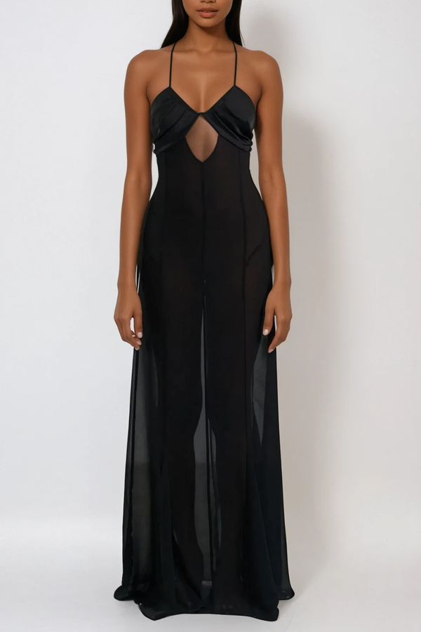 Annisa Mesh Cutout Lace Up Maxi Dress In Black