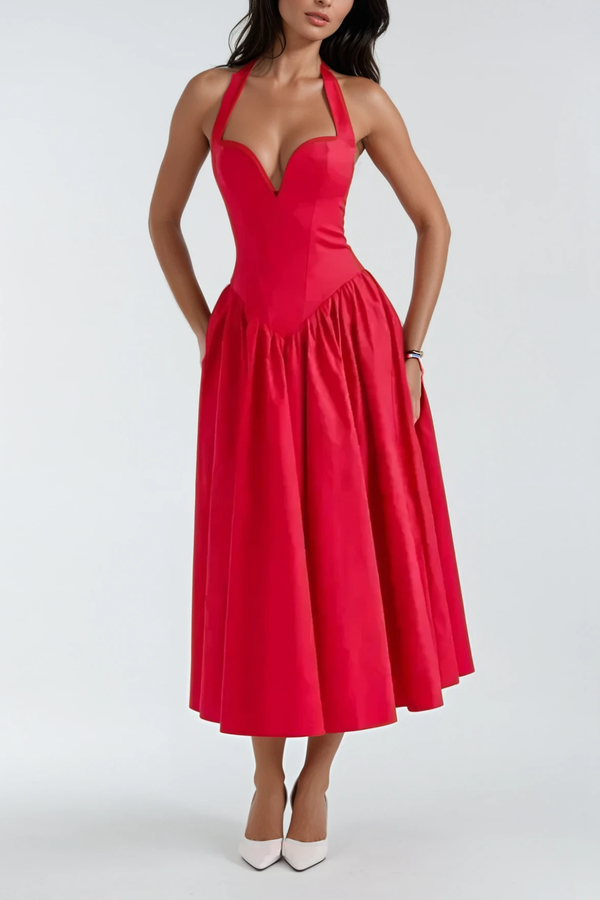 Annlea Halter Neck Bodycon Ruffle Maxi Dress In Red