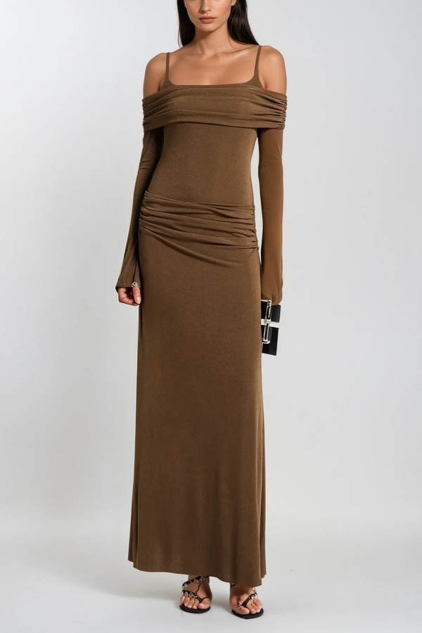 Annmarie Off Shoulder Ruch Maxi Dress In Brown