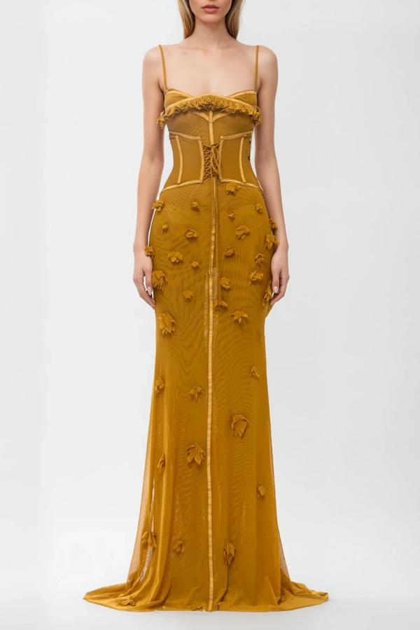 Anoush Flower Spaghetti Lace Up Maxi Dress