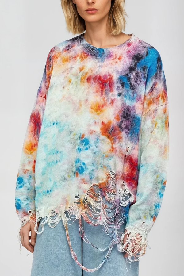 Anson Tie Dye Torn Fringe Knit Top