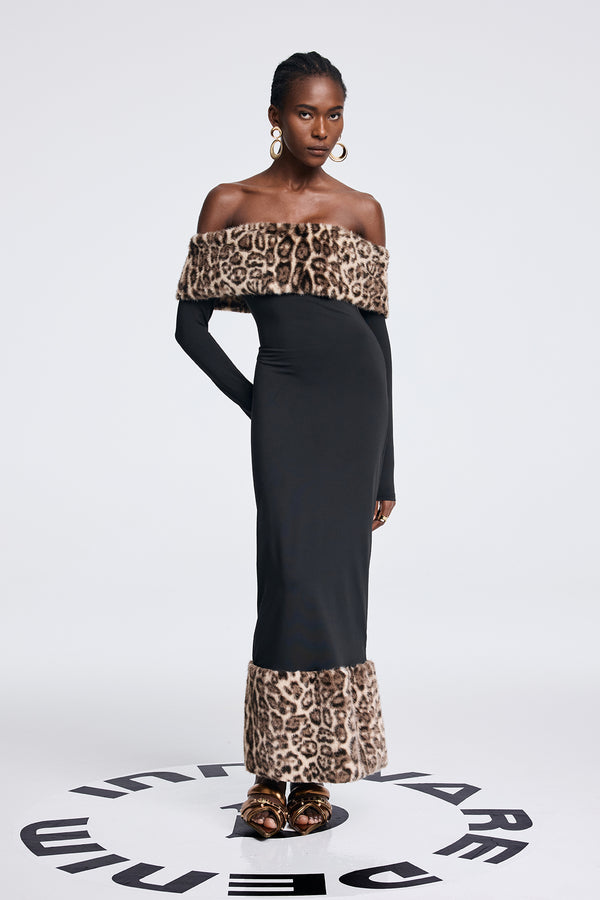 Anya Off Shoulder Leopard Faux Fur Maxi Dress