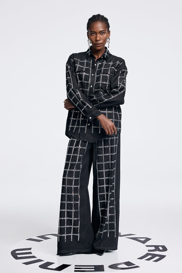 Aodh Rhinestone Grid Denim Shirt Pants Set In Black