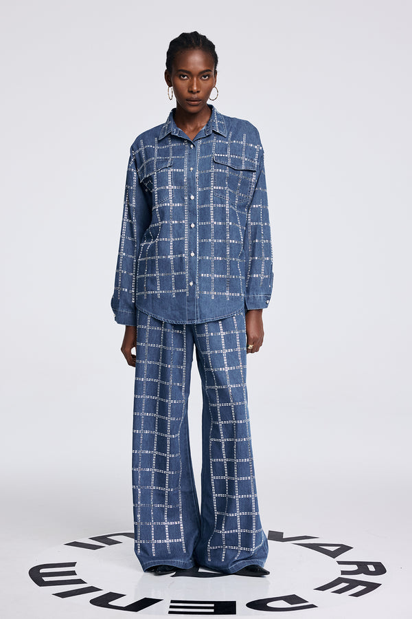 Aodh Rhinestone Grid Denim Shirt Pants Set In Blue