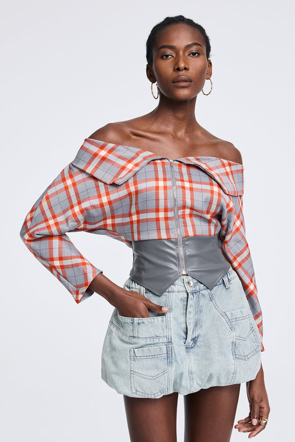 Aphrodite Grid Off Shoulder Deconstruct Top