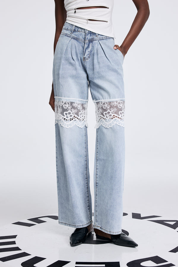 Apocatequil Lace Deconstruct Cutout Jeans In Blue