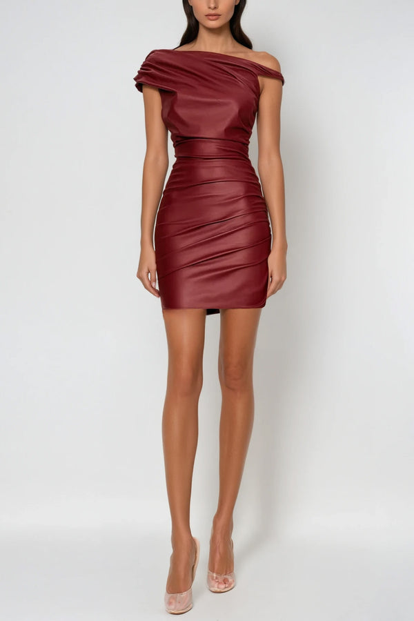 Aquaria Ruch Twist Asymmetric Leather Mini Dress In Red