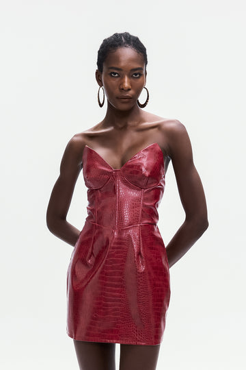 Ardin Crocodile Pattern Strapless Leather Mini Dress