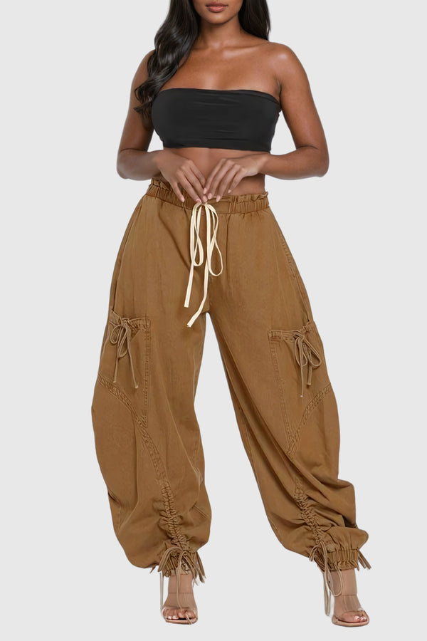 Astrid Drawstring Lace Up Jeans In Khaki